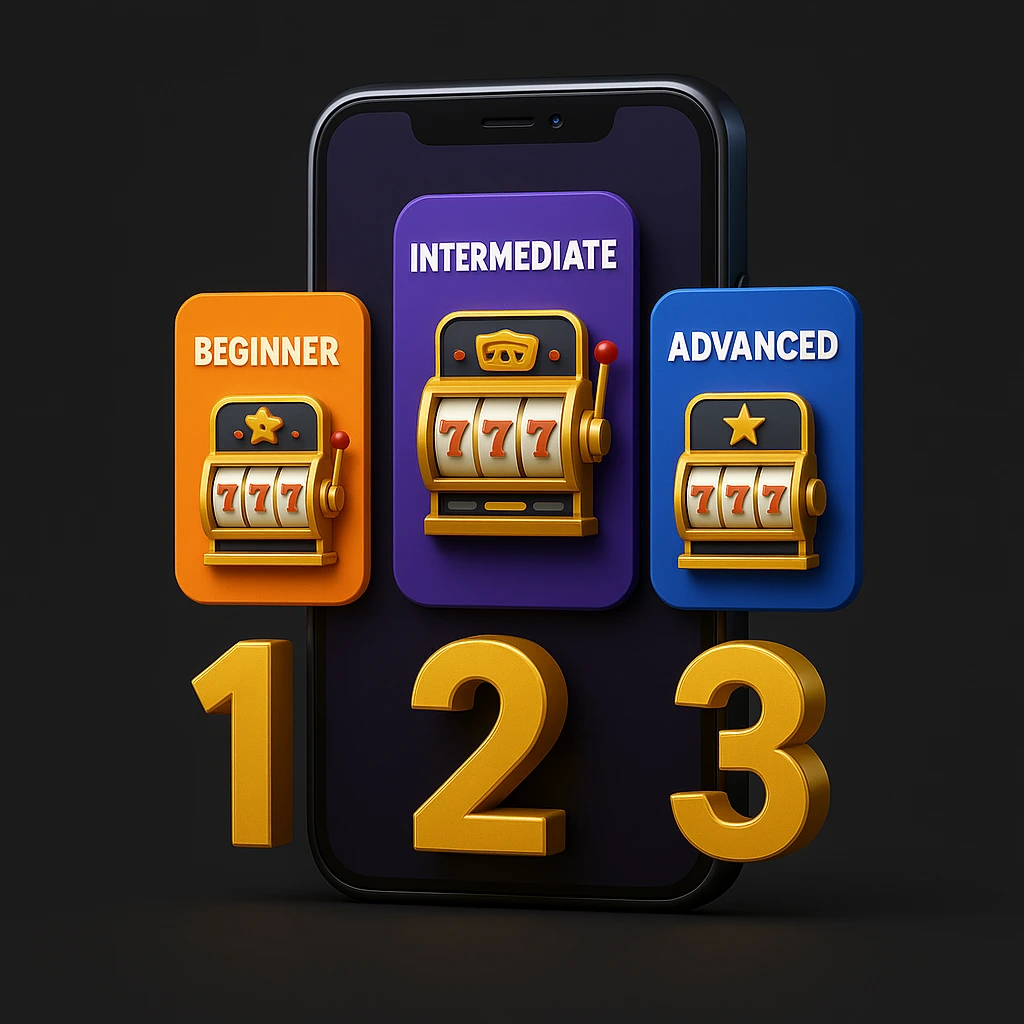 Ilustrasi 3D slot digital pada smartphone, menampilkan rekomendasi game slot di bagi menjadi tiga level pengguna: beginner, intermediate, dan advanced, dengan mesin slot emas bertanda 777.