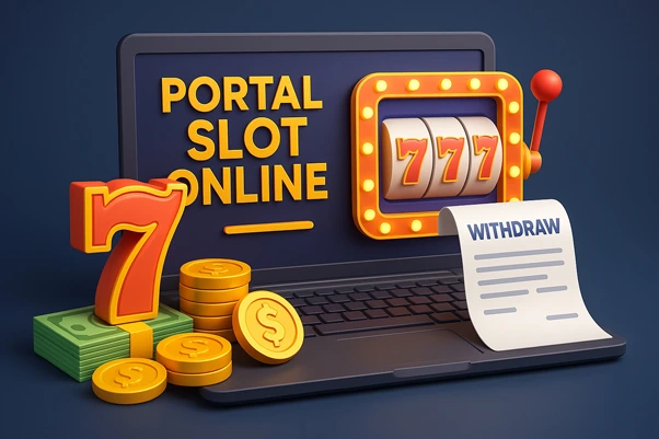 3D ilustrasi portal slot online resmi dengan mesin slot 777, koin emas, chip kasino, dompet digital, dan ikon shield keamanan untuk layanan withdraw cepat terbaik.