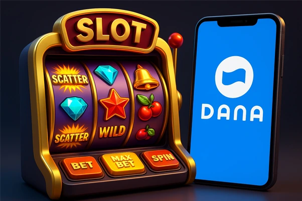 3D ilustrasi mesin slot gacor digital dengan simbol scatter dan wild di samping layar smartphone yang menampilkan logo Dana