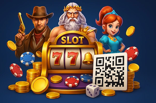 Slot Gacor Depo QRIS 3D realistis dengan karakter permainan populer, mesin slot emas, koin berkilau, dan kode QR mewah